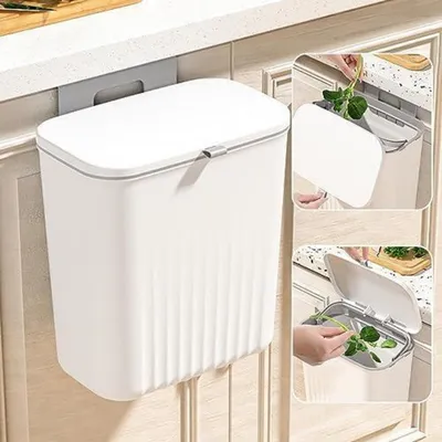 Immagine prodotto di Contenitore per rifiuti da cucina, capacità 9 litri, da appendere, con coperchio, colore bianco