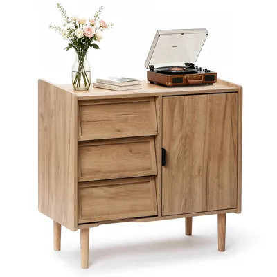Produktbild von Kommode Holz mit 3 Schubladen & Tür, Sideboard mit Schrägfront-Optik, 80x39x74 cm