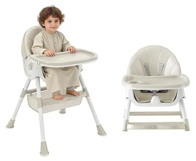 Image de Chaise haute 4-en-1 - Chaise pour enfant réglable - Plateau amovible - Pour les bébés jusqu'à 36 mois - Pliable - Blanc crème