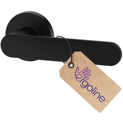 A black door handle with a tag attached.