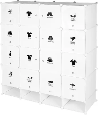 A white modular storage unit with various clothing icons and labels on each cube. The bottom row shows open compartments.
