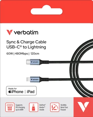Produktbild von Verbatim 31844, 1,2 m, Lightning, USB C, Männlich, Männlich, Schwarz