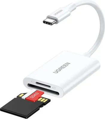 A white Ugreen USB-C card reader with an SD card partially inserted.