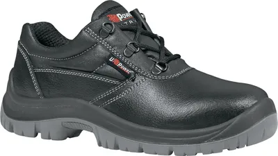 A black leather safety shoe with gray soles is shown against a white background.