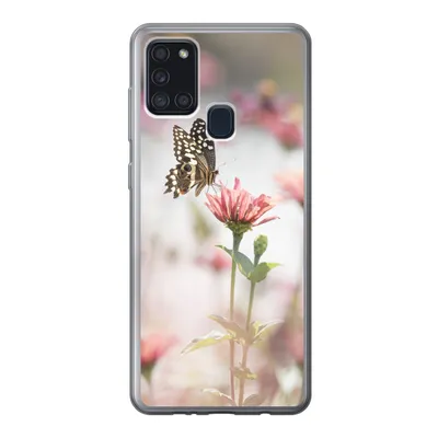 Produktbild von MuchoWow® Handyhülle Schutzhülle Hülle für Samsung Galaxy A21s Schmetterling - Blume - Rosa Silikon Softcase Handy Hülle - Hartschale