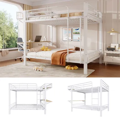 Image de Lit superposé Merax 140 x 200 cm avec bureau, lit superposé avec espace de rangement ouvert, échelle et barrière de sécurité, lit pour enfants, lit pour adolescents, blanc