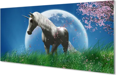 Produktbild von Glasbilder 140x70 Wandkunst Feld Einhorn Mond