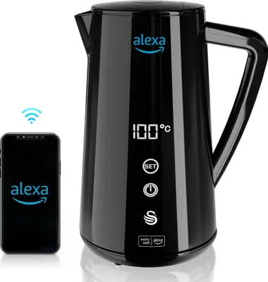 A black electric kettle with a digital display and a smartphone showing the Alexa app.