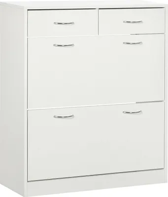 Produktbild von HOMCOM Schuhschrank, schmales Schuhregal, Möbelstück mit 2 klappbaren Schubladen und 2 herausnehmbaren Schubladen für 12 Paar Schuhe, für Wohnzimmer, Eingangsbereich, Flur, 80 x 30 x 91,5 cm, weiß