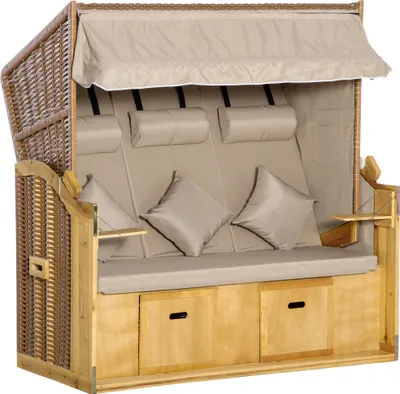 Image de Fauteuil de plage 3 places avec toit et 2 tables rabattables, polyrotin XXL, couleur naturelle