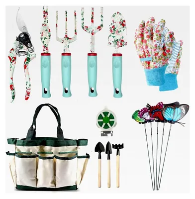 Produktbild von Gartenwerkzeug Set, 16-teiliges Set mit Blumenmotiven, Gartengeräte und Aufbewahrungstasche, Zubehör für Gartenliebhaber
