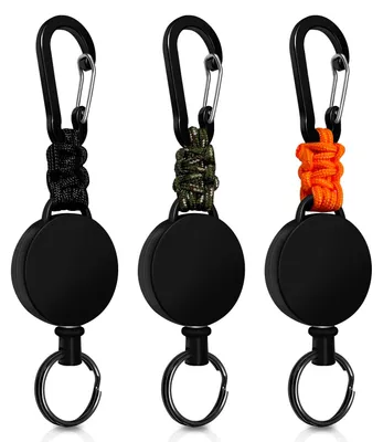 Produktbild von Set aus 3 ausziehbaren Schlüsselanhängern, ausziehbarer Schlüsselanhänger, Ausweishalter mit 60 cm Stahlseil, ausziehbarer Ausweishalter mit Karabiner (schwarz+orange+grün)