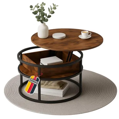 Produktbild von Couchtisch SWING Braun mit verstellbarer Tischplatte & verdecktem Aufbewahrungsfach, Metall & Holz, Beistelltisch für Wohnzimmer, Sofatisch rund mit Stauraum, Metalltisch modern, Tisch für die Couch