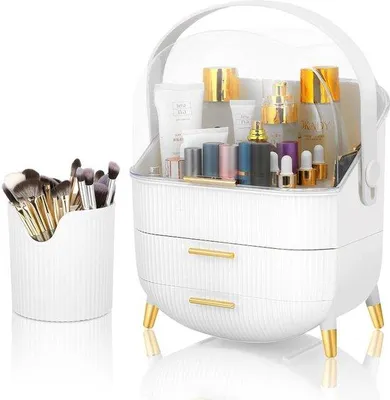 Produktbild von Unyqoos® Weißer Make-up-Organizer mit 2 Schubladen, Bürstenhalter & transparentem Klappdeckel – Kosmetikaufbewahrung für Bad und Schminktisch