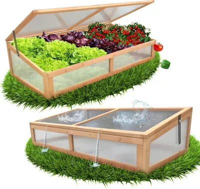 A collage showing a wooden cold frame with plants inside and another cold frame with water being sprayed into it.
