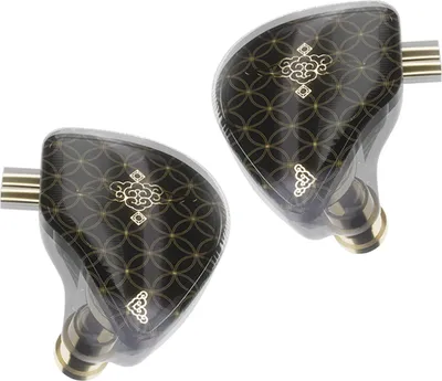 A pair of black and gold in-ear headphones with a patterned design.