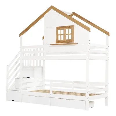 Produktbild von Merax Etagenbett 90x200 cm aus Kiefer und MDF,  Kinderbett mit Aufbewahrungs-Treppen, Stauraum unter dem Bett, Kleinhaus-Design mit Fenster, Weiß+Natu