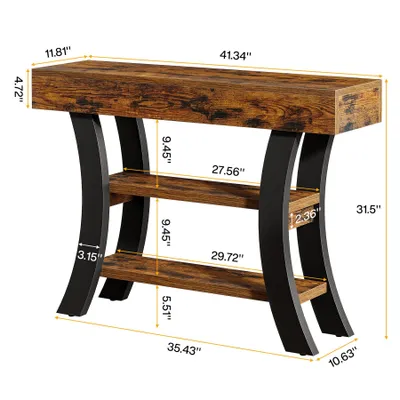 Image de Tribesigns 105 cm Table console, style industriel, table basse à 3 niveaux avec étagères et cadre incurvé pour le salon, l'entrée, rustique