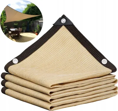 A stack of folded beige sunshade sails with dark brown reinforced edges and grommets, shown against a white background. A small inset image shows one sail installed over a patio table.