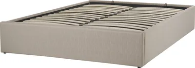 A bed frame with a slatted base, upholstered in light brown fabric.