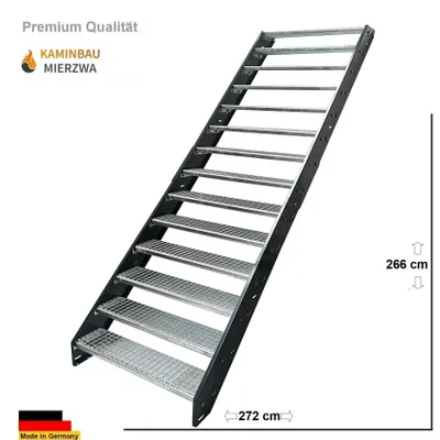 Obrázok produktu pre Oceľové schodiskové rebríkové stupne 14 stupňov - pozinkované a antracitovo práškovo lakované rebríkové stupne - (š x v x h) 60 x 266 x 272 cm