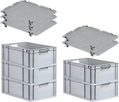 Produktbild von SparSet 5x Eurobox NextGen Economy mit Auflagedeckel und 4x Schiebeschnappverschlüsse Schwarz | Griffe offen | HxBxT 22x40x60cm | 44 Liter | Eurobehälter, Transportbox, Transportbehälter, Stapelbehälter
