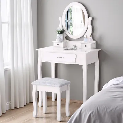 Imagen del producto de Tocador con espejo, blanco, con taburete, 3 cajones, madera, diseño minimalista y moderno