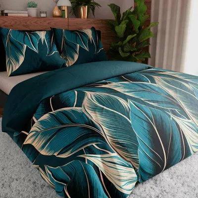 Produktbild von LEVI - Satin-Bettwäscheset - Flaschengrün mit beigem Blättermuster - 220 x 200 cm