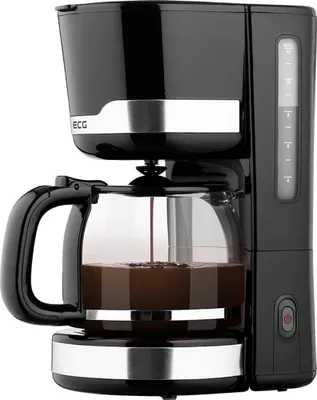 A black ECG coffee maker is shown from the side, with coffee brewing into a glass carafe.