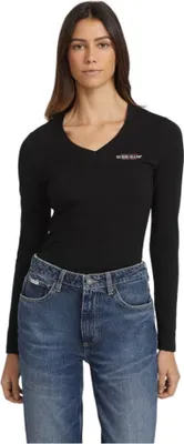 Produktbild von Damen Langarm-Shirt Schwarz Slim Fit V-Ausschnitt Baumwolle