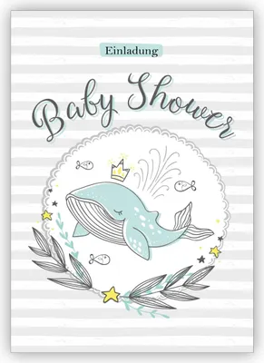 Produktbild von Niedliche Einladungskarte zur Baby Shower mit hellblauem Wal auf Streifen für Jungen Baby Boys