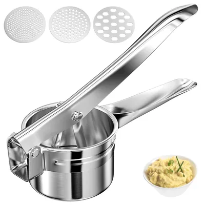 Kartoffelstampfer aus Edelstahl, Handpresse mit 3 Sieben