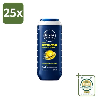 Obrázok produktu pre 25 kusov gélu na umývanie tela NIVEA MEN Power Refresh 3 v 1 – 250 ml – balenie s rezervou – 25 kusov