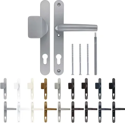 A collection of door handles and related hardware in various colors, displayed against a white background.