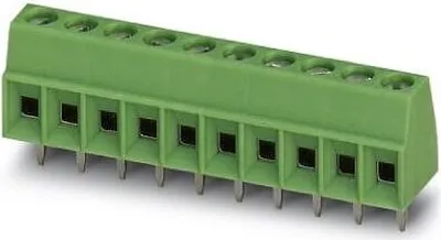 A green terminal block with silver pins on a white background.