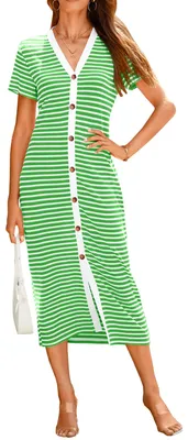 Produktbild von BTFBM Lässiges Sommerkleid für Damen, kurzärmelig, gestreift, Midi-Kleid, Knopfl