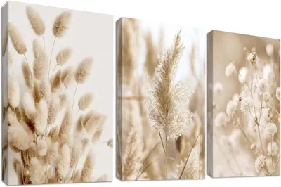 Productafbeelding van Ingelijste canvas wandkunst - Boho natuur - Beige - Pampasgras - Botanisch - Salie - Bloemschilderijen voor woonkamer - Slaapkamer - Hal - Trap
