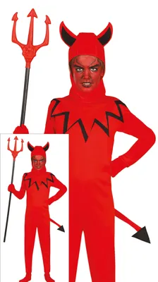 Productafbeelding van Duivel kostuum, rood en zwart, met kap en staart, geschikt voor Halloween, kinderen, thema: duivel, avontuur, fantasie. Kapkostuum, maat: 140/146, kleur: rood