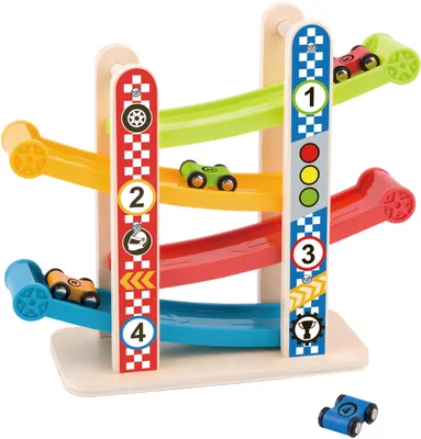 Produktbild von TOOKY TOY Holzbahn, Rutschen für Autos + 4 Autos