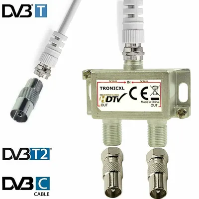 Image de Répartiteur IEC Répartiteur d'antenne 2x + câble + adaptateur Télévision par câble DVB-T2 DVBC Koax Sat Splitter