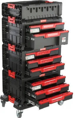 Produktbild von Set aus Doppel-Werkzeugschublade, 2 x Dreifach-Werkzeugschublade auf einer Plattform mit Rädern + Box H 100,5 cm, modulares Set, Garage Werkstatt PRO
