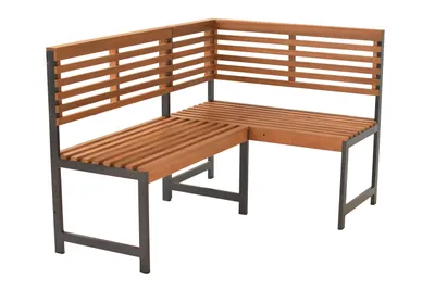 A corner bench made of wood and metal, shown against a white background.