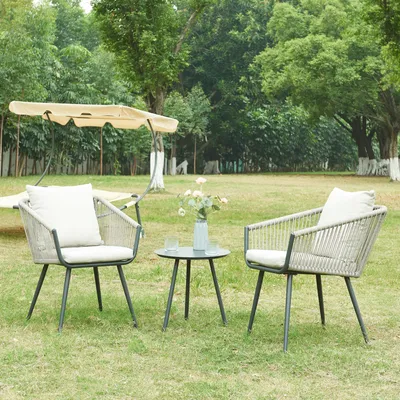 Produktbild von Gartenmöbelset ‘Abriola’ 3-tlg. mit Kissen Metallgestell Seilgeflecht Grau