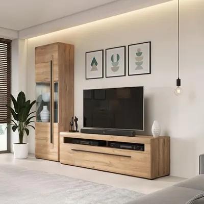 Produktbild von Wohnwand in Eiche mit 160 cm Lowboard & Vitrine inkl. Beleuchtung, 2-teilig - TURDA-83