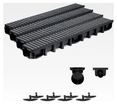 Produktbild von 4m Entwässerungsrinne Belastungsklasse B125, 98mm komplettes Set Stegrost Kunststoff (schwarz)