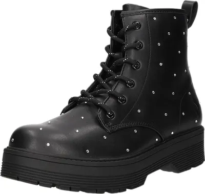 A black lace-up boot with silver stud embellishments and a thick platform sole, shown against a white background.