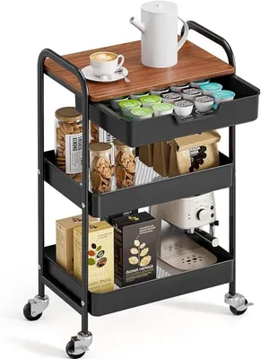 Productafbeelding van PromoHome® Drievoudige opbergwagen met werkblad – Multifunctionele rollende opbergwagen voor thuis en kantoor, zwart