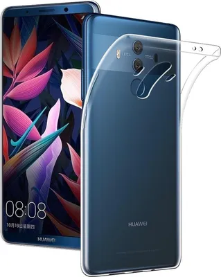 A clear protective case is shown on the back of a blue Huawei Mate 10 Pro smartphone, with the phone's screen displaying a colorful floral pattern.