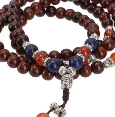 Produktbild von Tibetische Mala aus Halbedelsteinen, Buddhistische Gebetskette, Meditationskette, Yoga Kette - Rosenholz/Lapislazulit, Braun, Ketten & Modeschmuck für den Hals