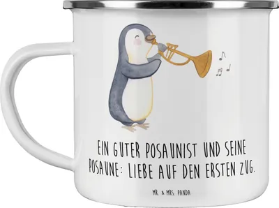 Produktbild von Mr. & Mrs. Panda Emaille Tasse Posaune Liebe - Weiß - Geschenk, Pott, Instrument, klassisch, Blechtasse, Haferl, Lernen, Teetasse, Orchester, Musiker, Musikerwitz, Musik